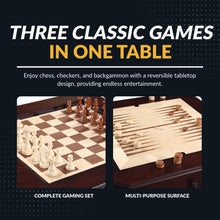 Load image into Gallery viewer, Fortress 28-Inch 3-in-1 Game Table Set with Chairs – Chess, Checkers &amp; Backgammon Pedestal Table